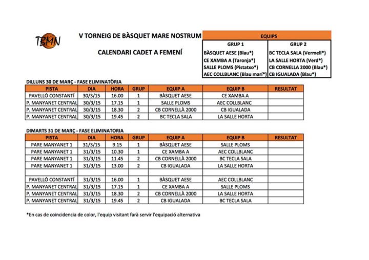 Horaris Cadet femení